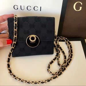 GUCCI Black GG Canvas & Leather Wallet with Chain
